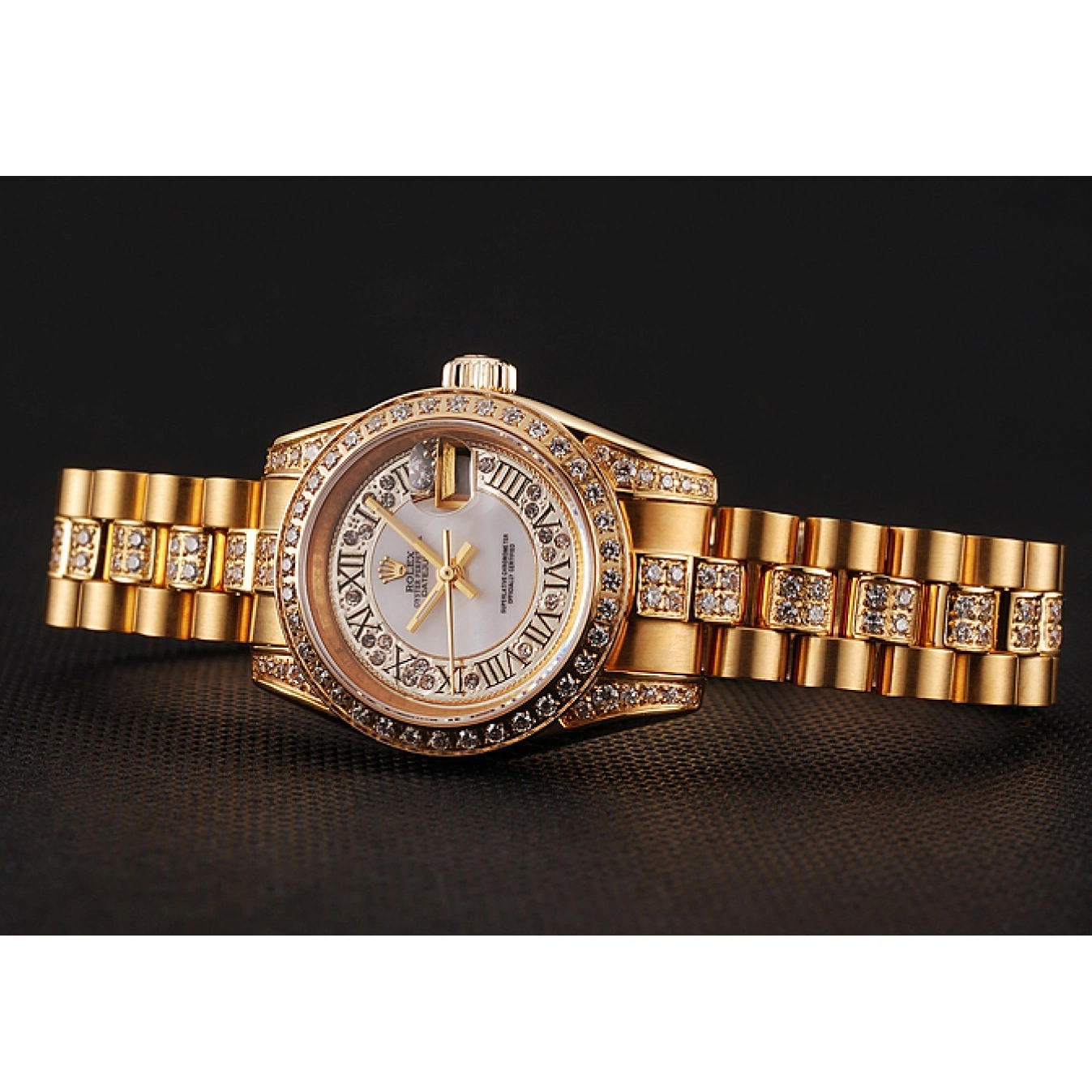 Aaa replica watch DayJust White Dial Bracelet Diamond Rolex Pave Swiss 1453957 Diamond Gold 0706